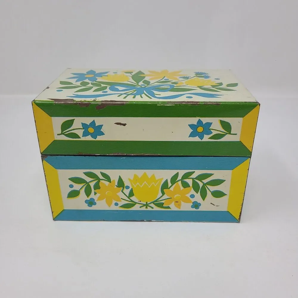 Vintage Metal Recipe Box Floral Yellow White Blue Orange Syndicate Mfg Co *READ